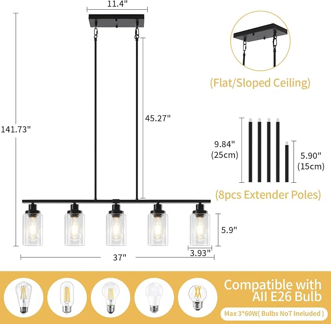 5-Light Black Kitchen Island Lighting, Modern Dining Room Light Fixtures | 37'' Farmhouse Linear Chandeliers Over Table, Island Lights for Kitchen with Clear Glass Shades, Adjustable Height - Image 5