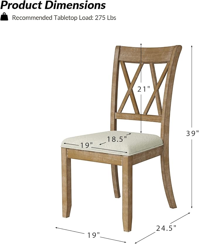 HULALA HOME Rustic Farmhouse Dining Chairs Set of 2, Solid Wood Frame in Natural, Double Cross Back, Upholstered Cushions for Kitchen or Dining Room, Natural - Image 3