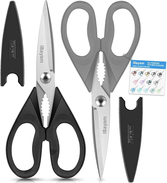 iBayam 8.7" All Purpose Kitchen Shears Heavy Duty with Protective Sheath | Built-In Bottle Opener, Durable Stainless Steel Scissors, Dishwasher Safe, Soft Grip Comfort Handle, Cooking, Food, Packaging by iBayamDirect