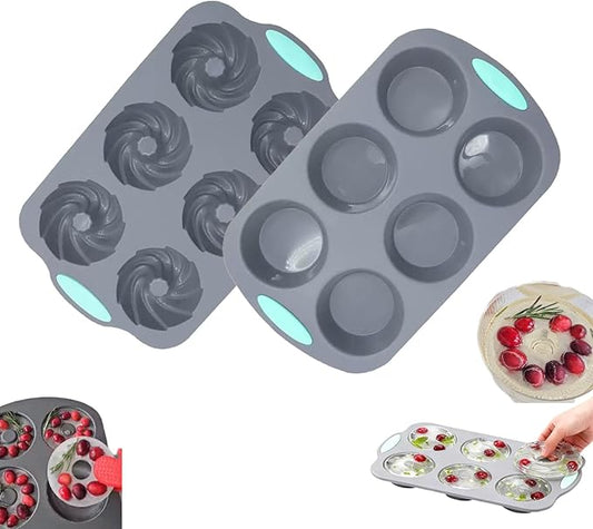 Wreath Ice Cube, Christmas Silicone Wreath Shaped Ice Cube Tray and Snowflake Mold Set, 6 Hole Mini Bund and Cake Pan Candy Bakeware for Holiday Cocktails Ice Cubes DIY Crafts (B+C)