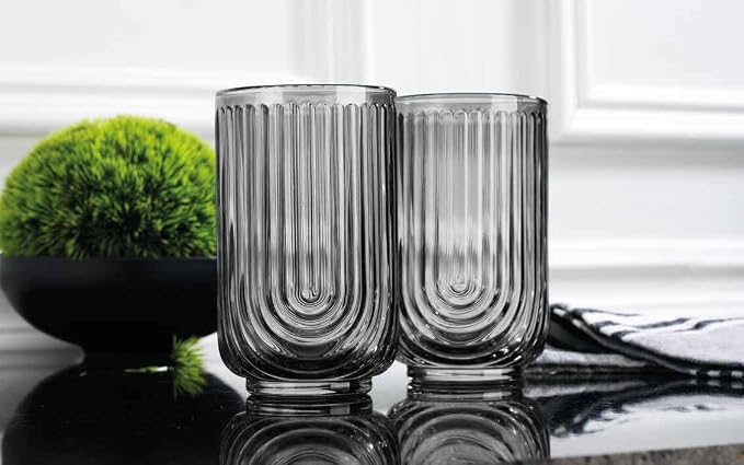 Glaver's Vintage Glassware - Art Deco Ribbed Drinking Glasses, U-Shape Arch Design Colored Cocktail Decorative Party Everyday Kitchen Tumblers, Hand Wash Only (Smoke S/4 17oz) - Image 6