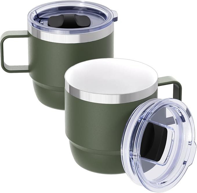 8 oz Small Coffee Mug with Magnetic Sliding Lid & Handle | Ceramic-Lined 18/8 Stainless Steel, Double-Wall Vacuum Insulated, Stackable, Dishwasher Safe, Mini Coffee/Tea Cup, 2 Pack by Cafezi