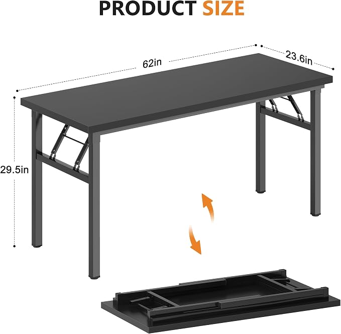 DlandHome 62 Inch Large Folding Computer Desk, Fully Assembled, Black | Foldable Writing Table for Bedroom Dorm, Conference Table for Home Office, Wood Top Metal Frame, Collapsible Easy Storage - Image 3