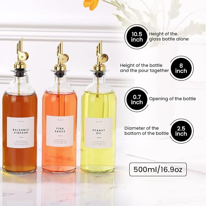 Molimoli Oil and Vinegar Dispenser with Metal Pour Spout, Weighted Pourer, Glass Bottle Dispenser for Kitchen, Olive Oil Cruet, Glass Olive Oil Bottle | 500ml, Set of 4 - Image 3