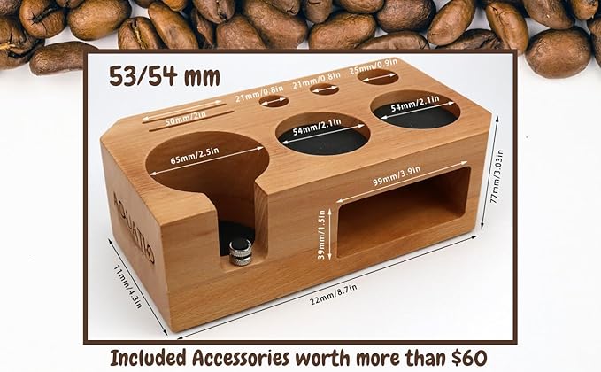 Espresso Tamping Station With Tools - 51, 53, 54 mm - Includes Tamper, Distributor, Dosing Funnel & Brush - Wooden Coffee Tamper Station - Espresso Organizer Portafilter Holder, Gift for Mom Dad Wife