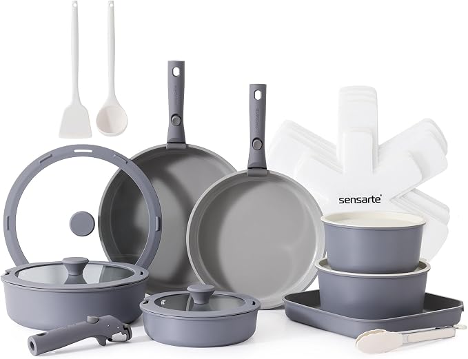 SENSARTE 24 Piece Ceramic Detachable Handle Pots and Pans Set Gray | Ceramic Cookware Set, Induction Cookware Set with Removable Handle, Healthy Non Stick for RV, Dishwasher ＆ Oven Safe by SENSARTE