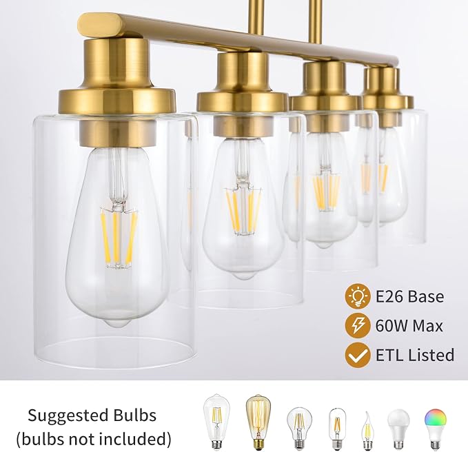 Kitchen Island Lighting, 4-Light Dining Room Light Fixtures Over Table,Gold Linear Chandelier for Dining Room Hanging,Pendant Lights Kitchen Island with Clear Glass Shade - Image 4
