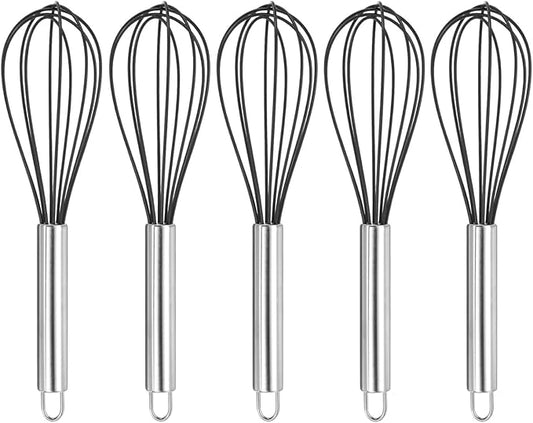 HARFINGTON 5Pcs Silicone Whisk 10" Kitchen Whisk Wire Whisks Beater with Stainless Steel Handle for Egg Milk Whisking Blending Beating & Stirring, Black