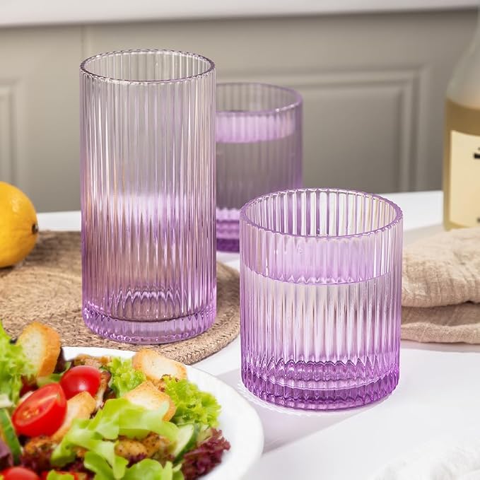 Ribbed Drinking Glasses 8pcs, 12oz and 10oz Glassware, Tumbler Glasses Cup Set for Wedding, Party, Christmas Gift, Purple - Image 3