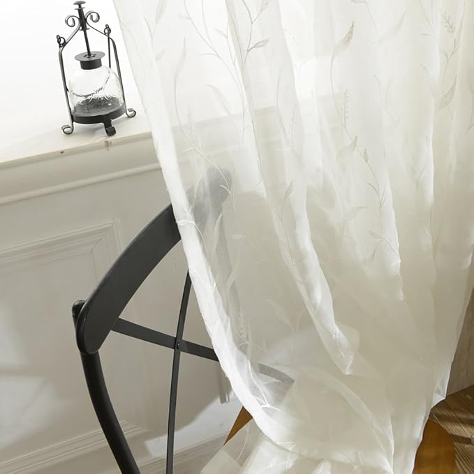 Semi-Sheer Elegant Embroidered Solid White Rod Pocket Window Sheer Curtains/Drape/Panels/Treatment 54 x 84,Two Panels - Image 5