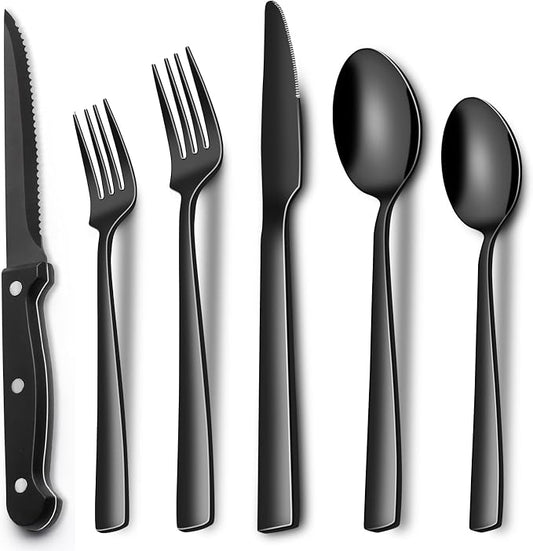 EWFEN 24-Piece Black Silverware Set with Steak Knives, Black Flatware Set for 4, Food-Grade Stainless Steel Tableware Cutlery Set, Mirror Finished Utensil Sets for Home Restaurant, Square Edge by EWFEN