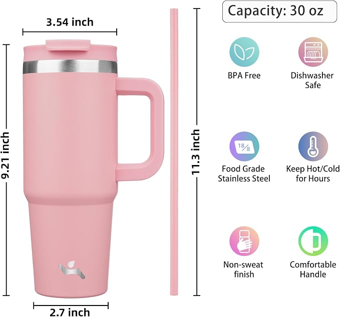 Konokyo 30 oz Insulated Tumbler Water Bottle with Handle, Straw Lid | BPA-free and dishwasher safe; made for gym, travel, coffee and gifting, 2 straws, cup holder friendly,Pink - Image 4