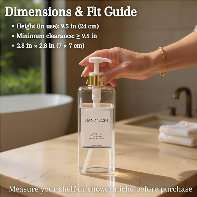 Modern Gold Design Large 27 oz Shampoo and Conditioner Dispensers - Plastic Refillable Pump Bottle Set for Bathroom Shower Soap Dispenser, Includes 6 Waterproof Labels, Set of 3 (Clear & White)