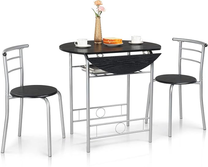 VINGLI 31.5" Drop Leaf Dining Table Set for 2, 3 Pieces Dining Table with Chair for Small Space, Small Kitchen Extendable Folding Dining Table for Dining Room，Home, Apartment, Saving Places, Black by VINGLI