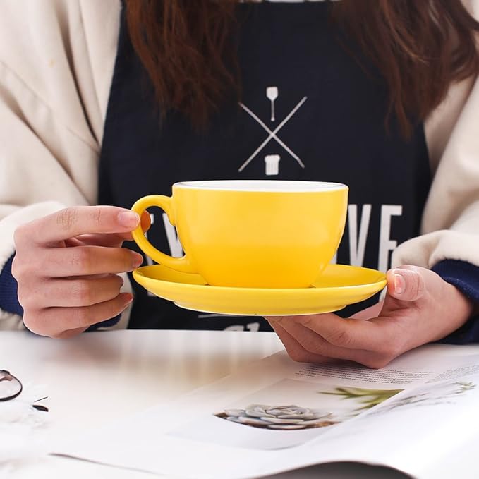 Ceramic Latte Art Cup and Saucer for Cappuccino & Manual Brew Coffee, New Bone China, Mate for Coffee Shop and Barista (Matte Yellow, 8.5 oz)