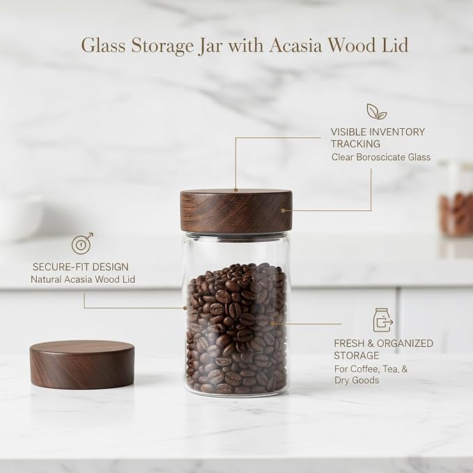 Glass Storage Jar with Acacia Wood Lid, Borosilicate Food Canister for Coffee Beans Tea Sugar Dry Pantry Staples (1 PC) - Image 5