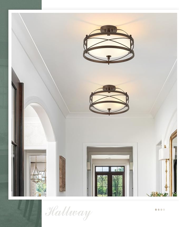 Entryway Drum Light Fixtures, Semi-Flush Mount Rustic Ceiling Light for Hallway Living Room Bedroom Kitchen (Old Bronze Finished) - Image 7