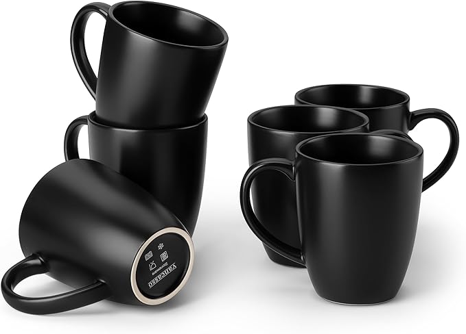 vancasso PLAYA Ceramic Coffee Mug Set of 6, 12 Oz Tea Cups with Handle for Latte, Tea, Cappuccino, Milk, Cocoa, Microwave&Dishwasher Safe, Black by vancasso