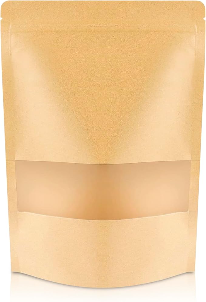 DiRose Kraft Stand Up Pouches with Window, Reclosable Food Storage Bags, Heat Sealable Stand Up Pouch for Coffee, Candy, Nuts, Tea, Spices – 2 Pound (100 Pack) by DiRose