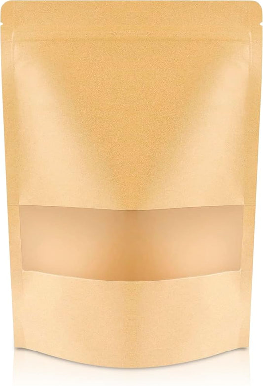DiRose Kraft Stand Up Pouches with Window, Reclosable Food Storage Bags, Heat Sealable Stand Up Pouch for Coffee, Candy, Nuts, Tea, Spices – 2 Pound (100 Pack) by DiRose