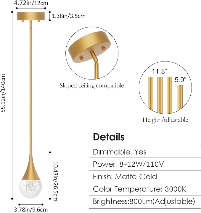 Gold LED Pendant Light for Kitchen Island, Bubble Crystal, 1-Light | Bubble Glass Shade, Modern, Height Adjustable, Ceiling Hanging Lighting for Kitchen Island Dining Room - Image 3