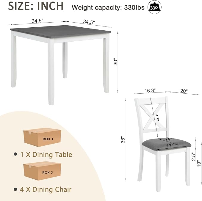 5-Piece Dining Table Set for 4, Kitchen Dining Table with 4 Soft Cushioned Solid Wood Chairs, Ideal for Home or Restaurant Use.(Gray & White_Small) - Image 2