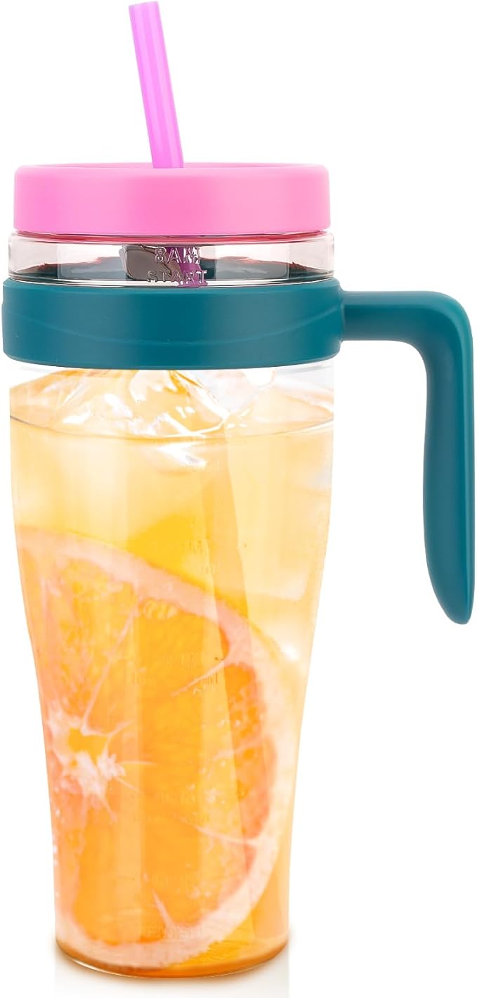 Hydraful 50 oz Tritan Plastic Tumbler with Lid and Straw and Handle - 100% Leak-Proof - Perfect for Iced Coffee, Smoothies, and Juice - Wide Mouth Reusable Water Bottle with Time Marker