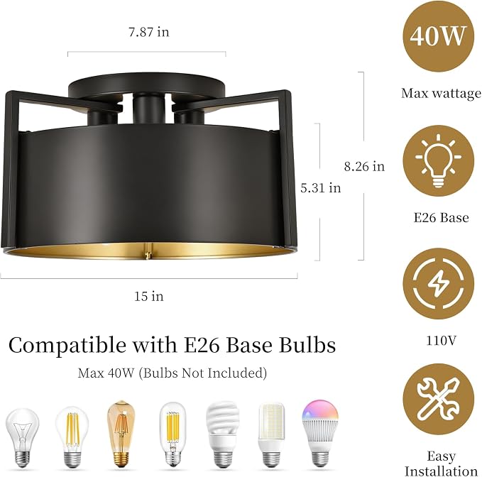 Black Semi Flush Mount Ceiling Light, 15'' Modern Farmhouse Hallway Entryway Light Fixtures Ceiling Mount, 3-Light Rustic Foyer Lighting Fixtures Ceiling lights for Kitchen Island Bedroom Dining Room - Image 3