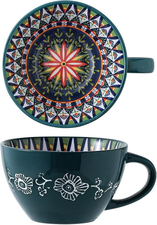 Bohemian Hand-Painted Ceramic Mug, 15 Oz Large Coffee Cup for Milk, Tea, and Breakfast, Dishwasher & Microwave Safe Artisan Cup, Mug Green-A by Unknown