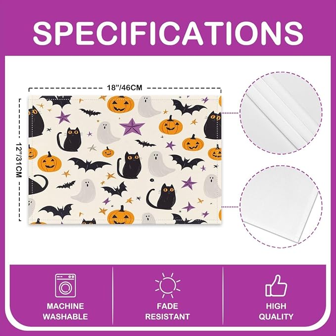 Feelyou Happy Halloween Placemats Set of 4 Cute Ghost Cat Table Mats for Party Kitchen Dining Decoration Beige Black Orange Place Mat for Table Holiday Decor Indoor Outdoor 18"x12" Non-Slip - Image 4