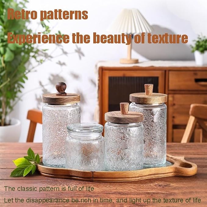 Vintage Glass Jars with Airtight Wood Lids & Handles - 16.9 OZ Set of 4 - Coffee Jars,Tea Canisters,Candy Jars for Flour,Sugar- Kitchen Pantry Containers (4, Rippling wheat pattern) - Image 5