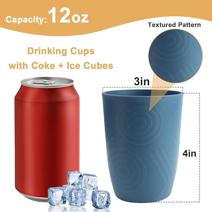 Wheat Straw Cups Set of 6, Plastic Drinking Glasses 12 OZ, Alternative to Plastic Cups Reusable, Unbreakable Water Cups for Kids, Microwave & Dishwasher Safe Drinking Cups for Kitchen - Blue - Image 2