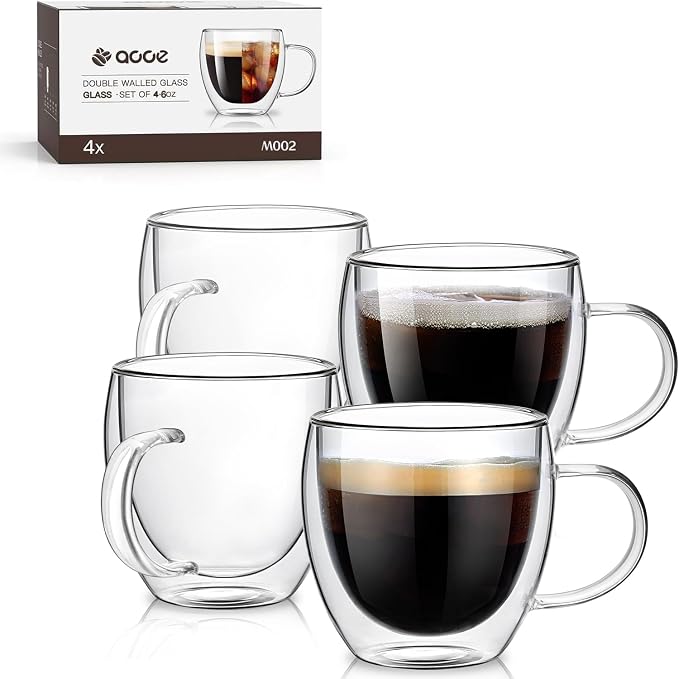 Espresso Cups Set of 4,5oz Hand Blown Double Walled Insulated Espresso Coffee Mugs with Handle,Perfect for Cappuccino, Latte, Tea, Clear Glass Espresso Shot Cups Suitable for Coffee by Potdoctor