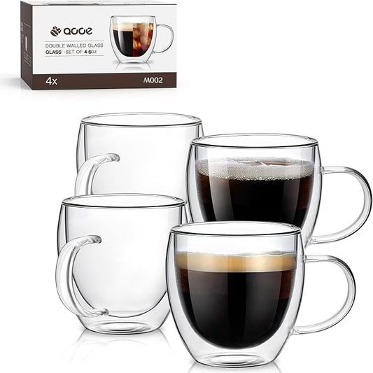 Espresso Cups Set of 4,5oz Hand Blown Double Walled Insulated Espresso Coffee Mugs with Handle,Perfect for Cappuccino, Latte, Tea, Clear Glass Espresso Shot Cups Suitable for Coffee by Potdoctor