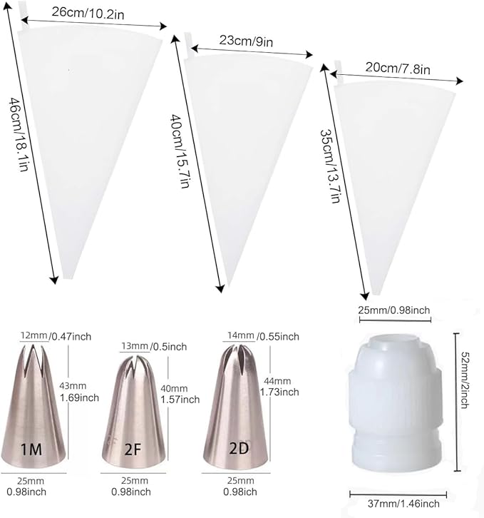 Reusable Piping Bags and Tips Set, 3 Size Cotton Cake Piping Bags, 3pcs Pinping Tips, and 1pcs Piping Bag Coupler for Icing Nozzles, Easy to Clean and Eco-Friendly Baking Kit for Cake Decorating
