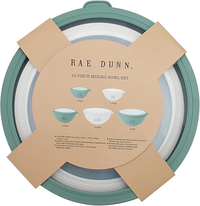 Rae Dunn Mixing Bowls with Lids - 10 Piece Plastic Nesting Bowls Set includes 5 Prep Bowls and 5 Lids (Sage) - Image 8