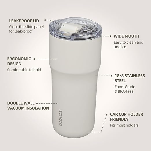 BJPKPK 24 oz Coffee Tumbler, Insulated Stainless Steel Travel Cup | Double Wall Vacuum, Leak Proof Lid, Keeps Hot/Cold/Iced, BPA Free, Dishwasher Safe, Cupholder, White - Image 2