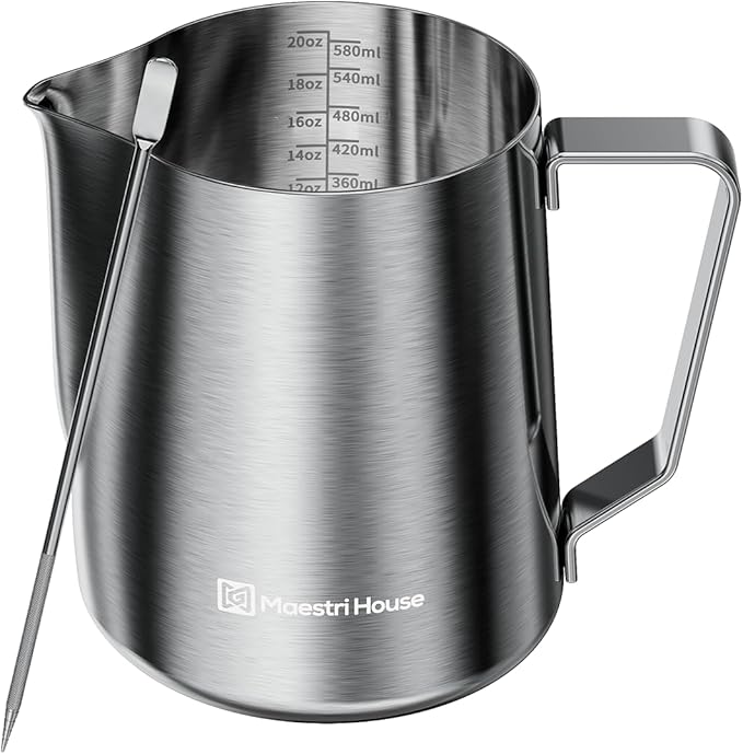 Milk Frothing Pitcher, 20oz Espresso Steaming Pitcher Milk Frother Cup, Milk Coffee Cappuccino Latte Art, 304 Stainless Steel Jug Cup with Decorating Art Pen