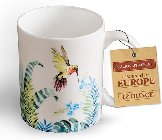 Maison d' Hermine Coffee Mug with Handles Tea Cups (12 Ounce, Pack of 1) | Fine Bone China Coffee Mugs for Hot Beverages Cappuccino Latte Home Restaurant Hotel Spring Summer -Tropiques - Hummingbird by MaisondHermine