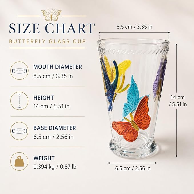 Butterfly Drinking Glasses Set of 2, 14oz Colored Highball Glasses | Vintage Glass Tumblers Hand Painted Glassware Water Tumbler for Water, Iced Coffee, Juice, Cocktails, Whiskey, Sparkling - Image 5