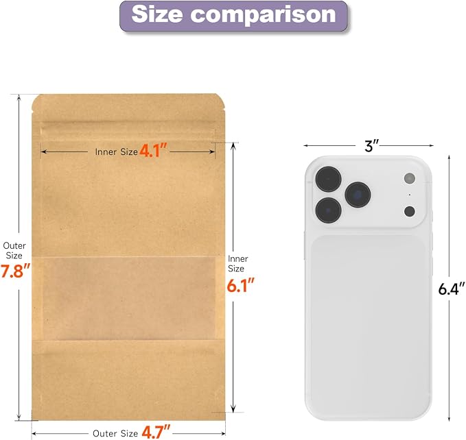 Kraft Paper Bags with Transparent Window, Stand Up Pouches Smell Proof Bags | 100 Pcs 4.7x7.8 Inch Resealable Bags for Small Business, Zipper. Food Storage, for Packaging Snacks Cookies Candy - Image 2