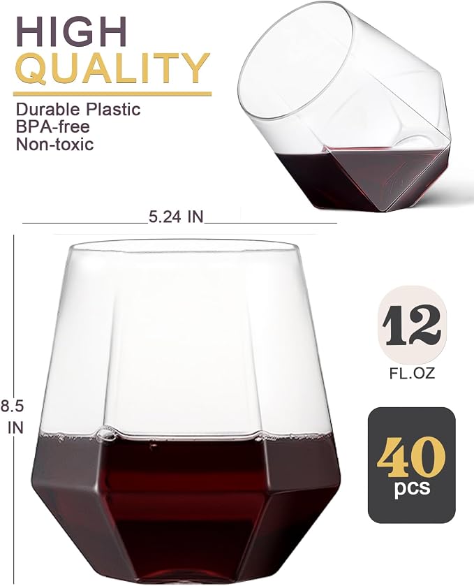 40 Pack Plastic Wine Glasses, 12 Oz Disposable Cocktail Whiskey Glasses | Clear Diamond Stemless Champagne Margarita Glasses, Unbreakable Reusable Plastic Party Cups for Wedding Birthday - Image 6
