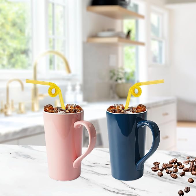 20 OZ Simple Pure Pink Blue Mug (Set of 2) Plain Large Tall Ceramic Milk Tea Coffee Mug with Handle as A Gift for Dad Mom Friends, 2pcs - Image 4
