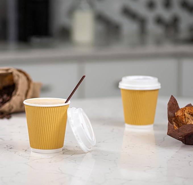 GUSTO Comfy Package [10 oz. - 50 Sets Insulated Kraft Ripple Paper Hot Cups, Disposable Coffee Cups With Lids - Ideal for Hot Beverages, Travel, and Office Use