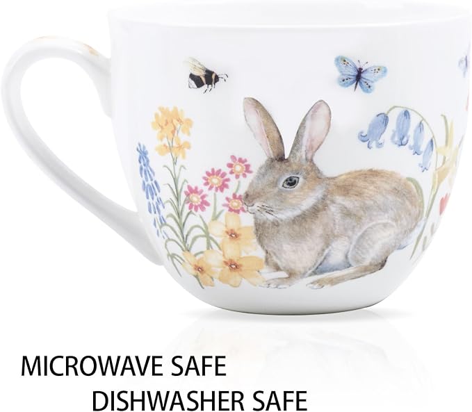 20 oz Bunny Coffee Mug with Spring Flowers & Happy Days Slogan, Premium Bone China Rabbit Coffee Cup, Cute Garden Gift for Women, Family&Friends, Designed in England by Harvest Green Studio - Image 4