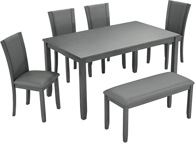 6-Piece Dining Table Set with Bench and Chairs - Solid Wood Kitchen Dining Room Table Set in Farmhouse Rustic Style, Table Set for 6 with 4 Chairs and Bench Seat.(Dark Gray_Large) - Image 5