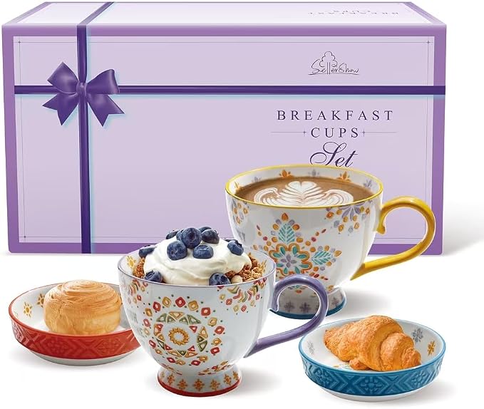 Large Ceramic Coffee Mugs Set of 2,15 oz Stoneware Coffee Cups with 2 Saucers,Underglaze Hand-Painted Cup For Coffee/Cereal/Beer,Festivals and Housewarming Gifts For Family And Friends by Panacula