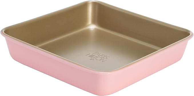 Paris Hilton Nonstick Carbon Steel Bakeware Collection, 9-Inch Square Cake Pan, Dishwasher Safe, Made without PFOA and PFAS, Pink Champagne Two-Tone by TheWorldofParisHilton