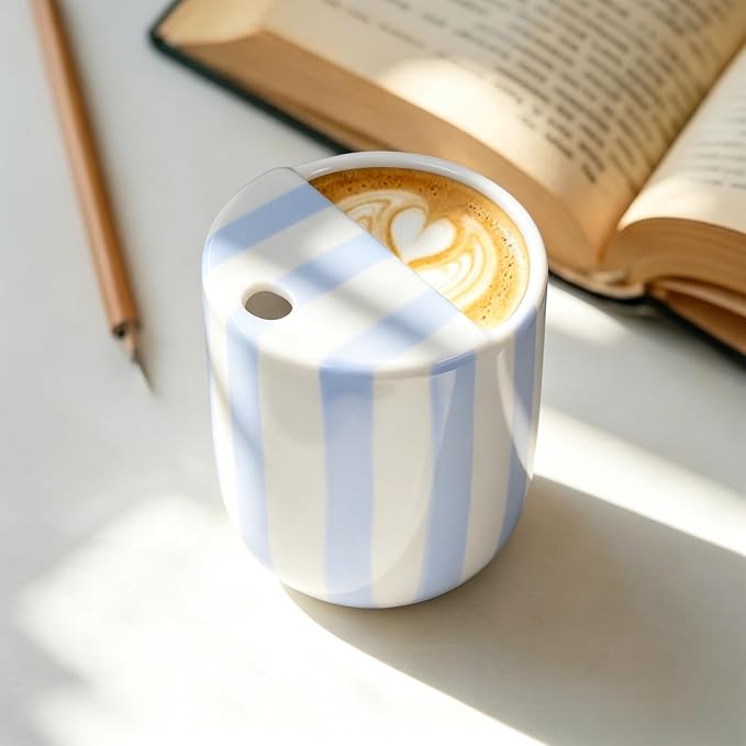 Ceramic Coffee Mug with Sip Hole 10 oz Retro Espresso Cup with Half Lid Hand Painted Blue Striped Porcelain Coffee Tea Cup for Kitchen Office Travel Tea Cappuccino Latte Daily Use Gift - Image 5