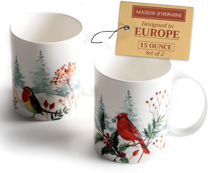 Maison d' Hermine Coffee Mug with Handles Tea Cups (15 Ounce, Pack of 2) | Fine Bone China Coffee Mugs for Hot Beverages Cappuccino Latte Home Restaurant Hotel Spring Summer -Morzine by MaisondHermine